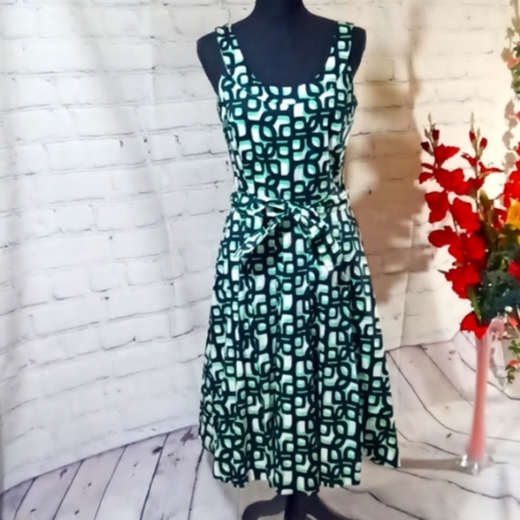 Vintage Slvls SquareNeck mutiPrint MidiDress Greenwhite - Picture 11 of 12